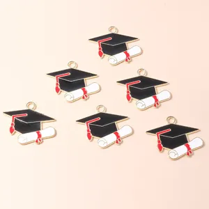 6-piece graduation charm set with enamel mortarboard cap and golden certificate scrolls