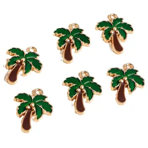 Set of 6 gold alloy coconut palm tree pendants with green enamel for DIY jewelry making