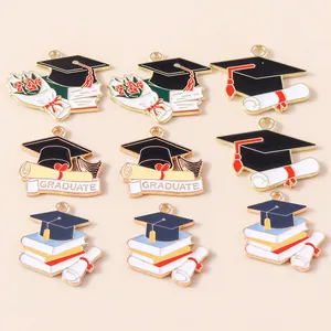 Graduation Theme Alloy Enamel Charms For Jewelry Making Doctoral Cap Diploma Book Bouquet Graduate Letter DIY Pendants Accessories