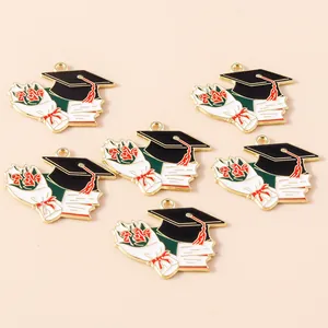 Set of 6 graduation cap and rose enamel alloy charms for DIY jewelry and bouquets
