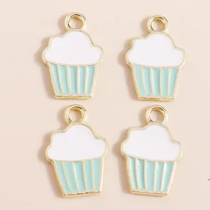 Pack of cute alloy cupcake pendants with mint green drip oil and golden finish for DIY jewelry