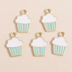 Five gold-plated enamel cupcake pendants for DIY necklaces featuring blue and white colors