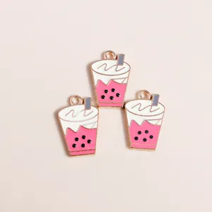 Ciondoli a forma di tazza di tè al latte rosa in lega dorata per gioielli fai da te