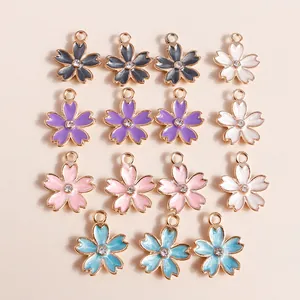 Set of colorful cherry blossom enamel pendants with rhinestones for DIY jewelry making