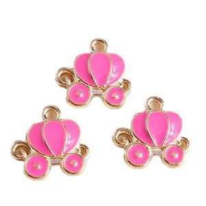 Pink enamel pumpkin carriage charms with golden metal frames for DIY jewelry making