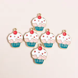 Set of 6 sweet cupcake enamel pendants with golden loops for DIY jewelry making