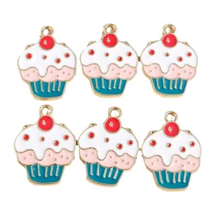 Set of 6 sweet cupcake charms with gold edges and pink accents for DIY jewelry making
