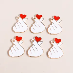 Set of 6 enamel hand heart charms in gold and red for DIY jewelry making
