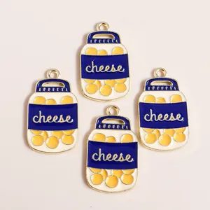 Detailed close-up of mini alloy cheese jar charms with blue labels for DIY jewelry making
