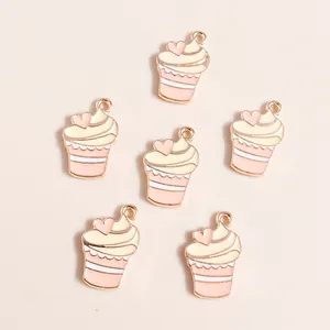 Sechs rosa Herz-Cupcake-Anhänger aus vergoldeter Legierung für DIY-Schmuckherstellung