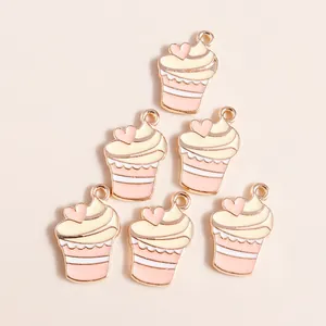 Legierung Cupcake Herz Emaille Anhänger Für DIY Halskette Ohrringe Schmuckherstellung Rosa Weiß Süße Lebensmittel Charms