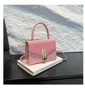 Detail of pink textured contrast bag with golden metal buckle and round top handle