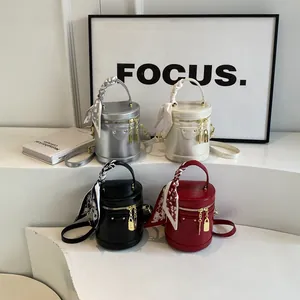 Fashion Women Cylindrical Bucket Bag PU Leather Handbag With Scarf Decor And Gold Metal Padlock Commuter Crossbody Bag