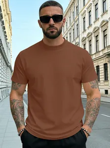 Close-up of rust red men's Henley T-shirt fabric in natural outdoor city light