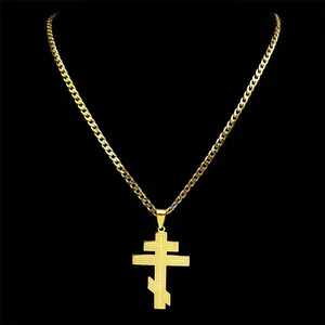 Golden stainless steel Cuban chain necklace with Orthodox three-bar cross pendant