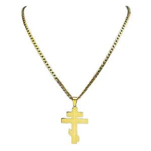 Gold stainless steel Russian Orthodox Cross pendant necklace with cuban link chain