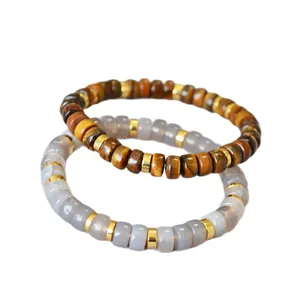 Retro grey agate and tiger eye stone elastic bracelet with gold metal spacer beads