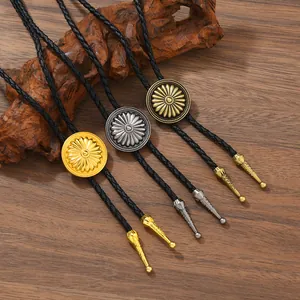 Retro Western Cowboy Bolo Tie Sunflower Alloy Pendant Adjustable Braided Leather Rope Necklace Jewelry For Men Women