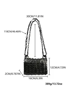 Detail of black metal ring woven crossbody bag showing dimensions and chain strap drop