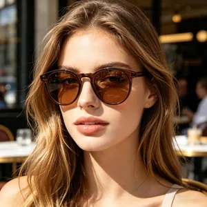 Chic retro round sunglasses with amber frames and brown lenses worn in a street setting