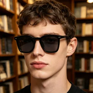 Gros plan d'un homme portant des lunettes de soleil noires haut de gamme dans une bibliothèque