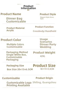 Detailed size and material chart for acrylic shell evening bag with 18x11x5.5cm dimensions