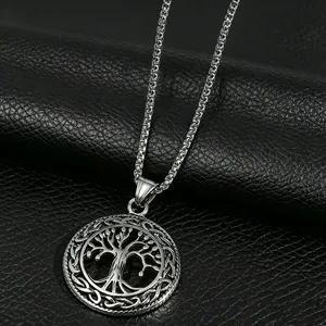 Vintage Alloy Celtic Tree Of Life Pendant Necklace For Men Women Round Tree Pattern Box Chain Jewelry Unique Gift Necklaces