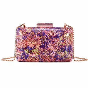 Retro acrylic shell clutch bag with colorful abstract patterns and rose gold chain