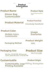 Detailed product information list for acrylic wave evening clutch and crossbody bag