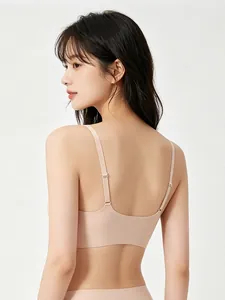 Detail showing the seamless back and adjustable straps of this nude soft support jelly bra
