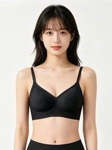 Detail view of the seamless black V-neck jelly bra with smooth fabric and slim straps