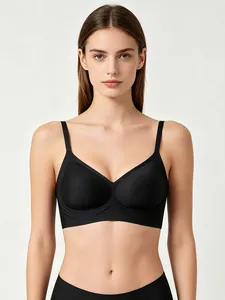 Detail of black seamless jelly bra with deep V-neckline and adjustable slim straps