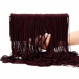 Vue détaillée de la pochette bordeaux à franges avec cadre doré et glands en soie