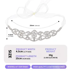 Luxury rhinestone bridal headband with measurements and white chiffon ribbons for wedding