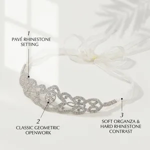 Detail of luxury bridal headband with pavé rhinestones and white organza ribbon ties