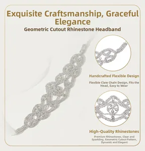 Detail view of silver bridal headband with geometric hollow structure and rhinestones