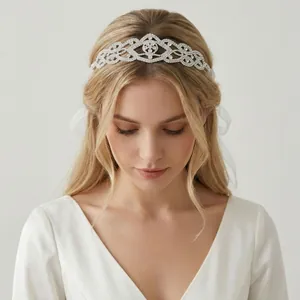 Luxury Western Bridal Rhinestone Headband Elegant Hollow Geometric Wedding Hair Accessory With White Ribbon For Women