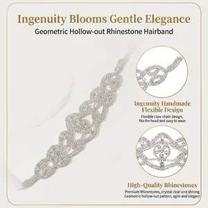 Luxury bridal rhinestone headband with intricate geometric cutouts and silk ribbons
