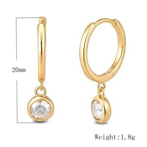 Detailed view of gold hoop earrings with zircon pendant showing 20mm height and weight
