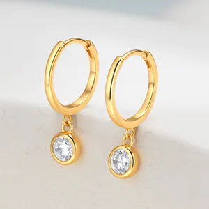 925 Sterling Silver Minimalist Drop Hoop Earrings For Women Geometric Round Zirconia Inlaid Gold Silver Polished Dangle Jewelry