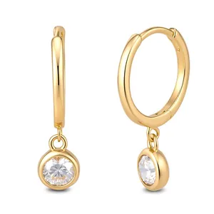 Minimalist 925 sterling silver drop earrings with bezel-set round zircon in golden finish