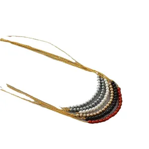 Elegant five-layer necklace with multicolor pearls and golden chain for women