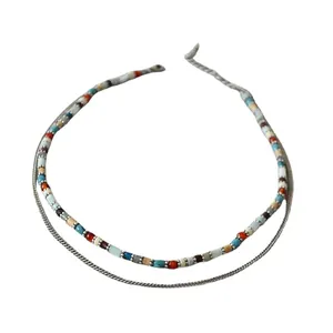 Bohemian double-layer beaded ankle bracelet with colorful macaron beads and silver chain