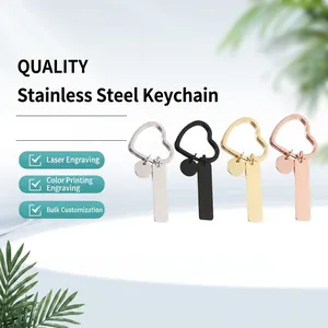 Stainless Steel Heart Keychain With Rectangle Round Blank Pendant Modern DIY Engravable Key Ring Gift Accessory