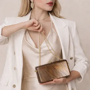 Elegant tiger eye patterned acrylic box bag with golden chain strap for evening events