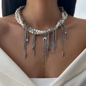 Collier Multirang Avec Imitation Künstliche Perle Chaîne Alliage Pendentif Coeur Frange Bijoux Mode Pour Femmes Elégant