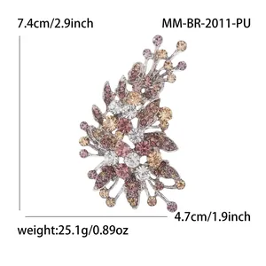 Artistic flower cluster brooch with colorful rhinestones on silver metal base, 7.4x4.7cm