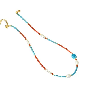 Handmade beaded necklace with red agate, blue apatite, and freshwater pearls for women