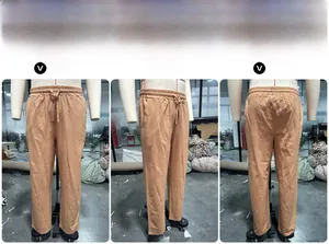 Vista a tre vie dei pantaloni in lino kaki con coulisse che mostra il davanti, fianco e retro