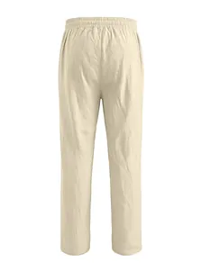 Vista posteriore dei pantaloni in lino larghi da uomo con elastico e tessuto a trama